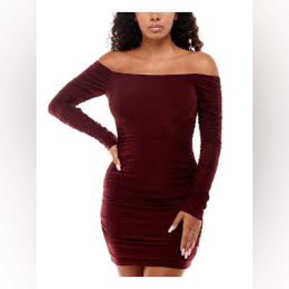 Burgundy Ruched Long Sleeve Off Shoulder Short Party Body Con Dress